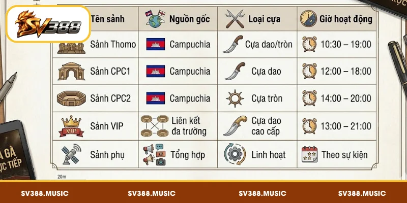 Bản đồ sảnh đá gà SV388 chi tiết